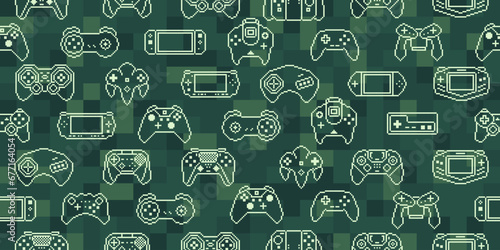 Video game controller background Gadgets and devices seamless pattern vector Pixel Art style