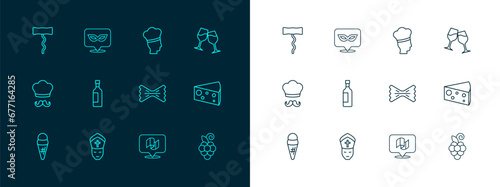 Set line Wine glass, Pope, Macaroni, Flag Italy, Bottle of wine, Italian cook, corkscrew and Carnival mask icon. Vector