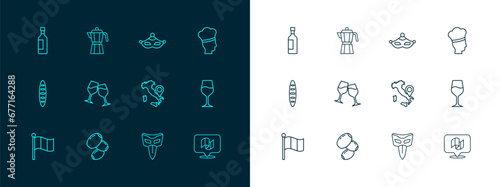 Set line Italian cook, Olives, Map of Italy, Carnival mask, Wine glass, Bottle wine and Coffee maker moca pot icon. Vector