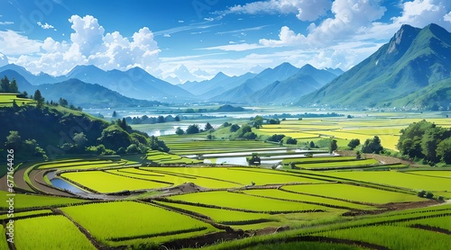 アニメ背景_青空と田んぼの風景_002