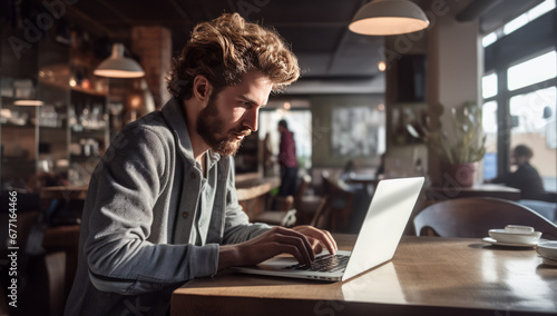 person working on laptop in cafe