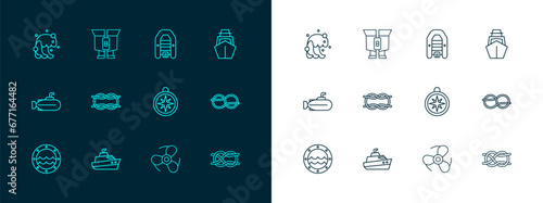 Set line Yacht sailboat, Speedboat, Compass, Boat propeller, Nautical knots, Inflatable with motor, Tsunami and Binoculars icon. Vector