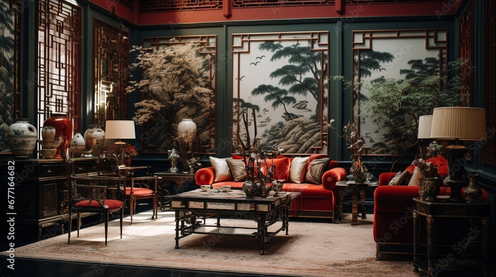 A traditional Chinese-inspired living room with lacquered furniture, silk textiles, and ornate decor.