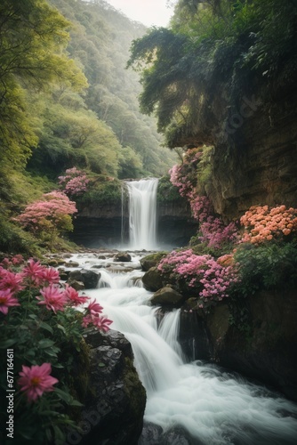 Beautiful nature, waterfall, bright colorful pink flowers near a mountain river in a wild forest