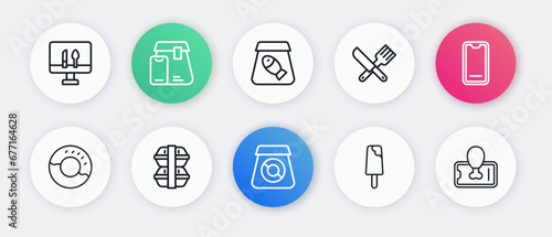 Set line Online ordering food, Food on mobile, Donut, Ice cream, Crossed knife and fork, fish, and Lunch box icon. Vector