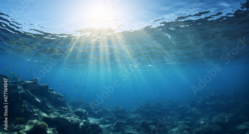 underwater scene with rays of light and sun