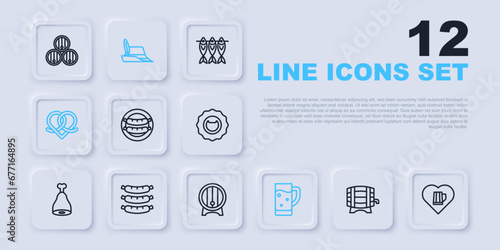 Set line Wooden barrel on rack, Heart with glass of beer, Sausage, Glass, Pretzel, Oktoberfest hat and icon. Vector