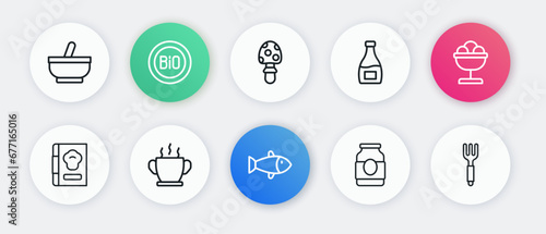 Set line Fish, Ice cream in the bowl, Cookbook, Jam jar, Sauce bottle, Fly agaric mushroom, Fork and Bowl of hot soup icon. Vector