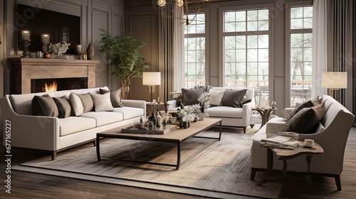 A transitional-style living room with comfortable seating, layered textures, and subtle metallic accents. © SHAPTOS