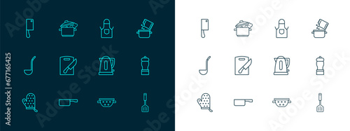 Set line Cooking pot and spice, Frying pan, Electric kettle, Kitchen colander, Cutting board knife, apron, Meat chopper and icon. Vector