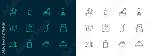 Set line Pizza knife, Cutting board, Kitchen ladle, Cooking pot, Oven, whisk with bowl, and spice and Pepper icon. Vector