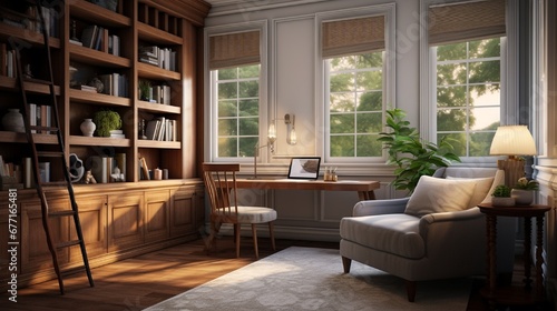 A transitional-style study with built-in bookcases  a cozy reading nook  and a classic desk.