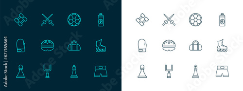 Set line Fitness shaker, American football goal post, Sport bag, Chess, Bicycle helmet, Soccer, Dumbbell and Fencing icon. Vector