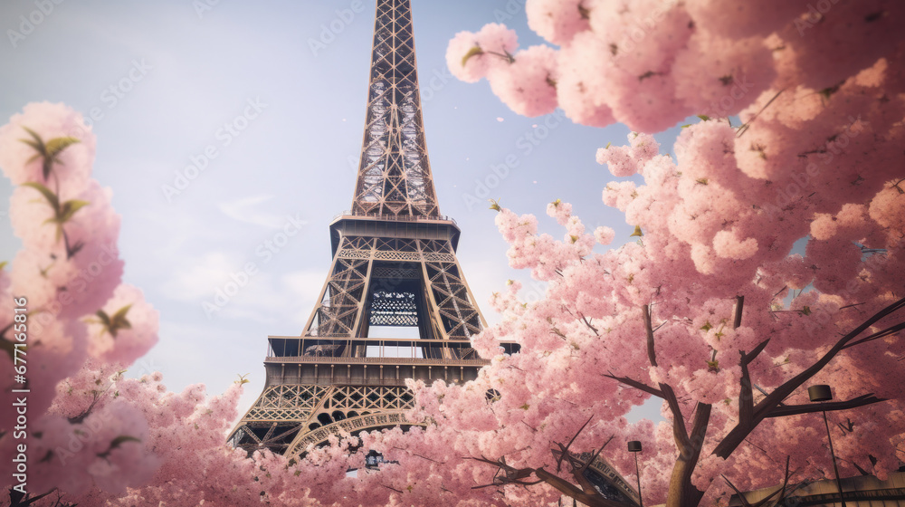 Eiffel Tower in Paris with purple tree created with Generative AI technology