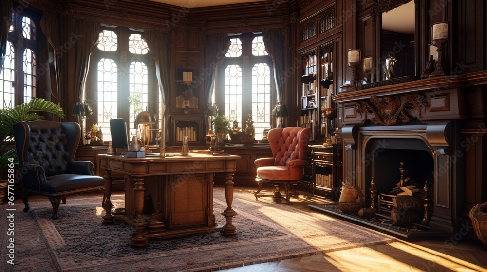 A Victorian-inspired study room complete with ornate woodwork, a fireplace, and a traditional writing desk.