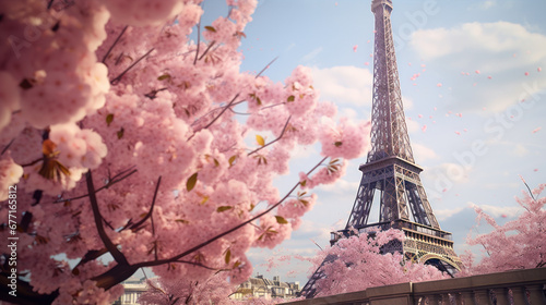 Eiffel Tower in Paris with purple tree created with Generative AI technology