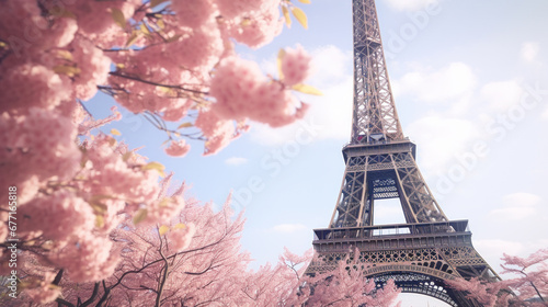 Eiffel Tower in Paris with purple tree created with Generative AI technology © Robert Herhold