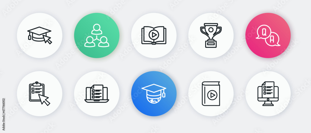 Set line Graduation cap on globe, Question and Answer, Online quiz, test, survey, Audio book, Award cup, and icon. Vector