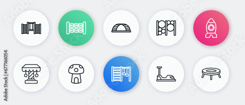 Set line Swedish wall, Rocket ship toy, Attraction carousel, Bumper, Playground climbing equipment, Monkey bar, Jumping trampoline and Mushroom house icon. Vector