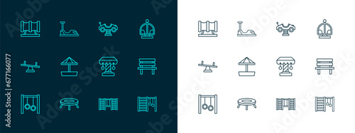 Set line Attraction carousel, Jumping trampoline, Swedish wall, Sandbox with sand, Swing, Kid playground slide pipe and Bumper icon. Vector