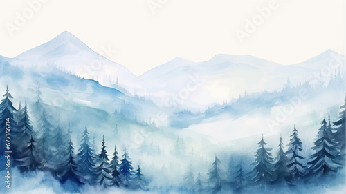 Watercolor winter landscape with fir trees and mountains.