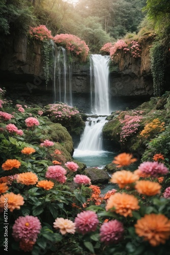 Lots of beautiful blooming flowers, hanging pink vines near a waterfall in the forest. Nature, travel, sightseeing concepts