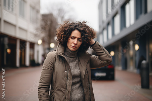 Young woman with headache on the background of the city holding her head with a migraine attack