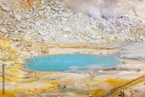 Hot water pond and steam in the Lassen Volcanic National Park