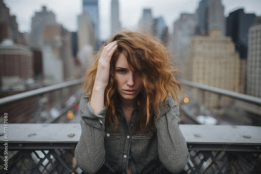 Fototapeta premium Young woman with headache on the background of the city holding her head with a migraine attack