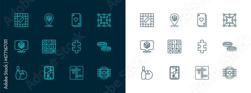 Set line Board game, Air hockey table, Puzzle pieces toy, Crossword, Bingo card, Playing cards, and Game dice icon. Vector