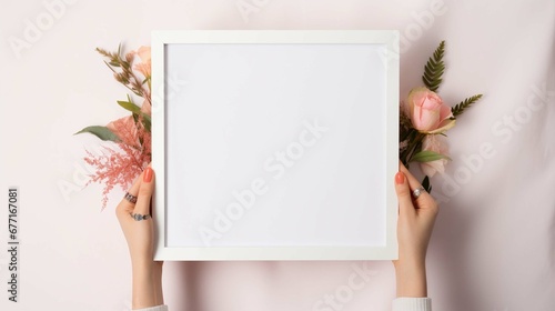hands holding blank poster with flowers around, on light, white, airy background