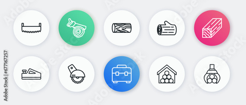 Set line Toolbox, Wooden beam, plane tool, logs, Grapple crane grabbed and Electric circular saw icon. Vector