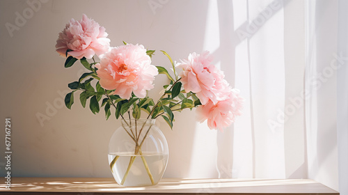 Fototapeta Naklejka Na Ścianę i Meble -  Bouquet of pink peonies in a beautiful vase on table. Springtime blossom, peony bunch. Beautiful spring fresh flowers. Bright room flooded with sun. Floral romantic. Women’s holiday. Generated AI
