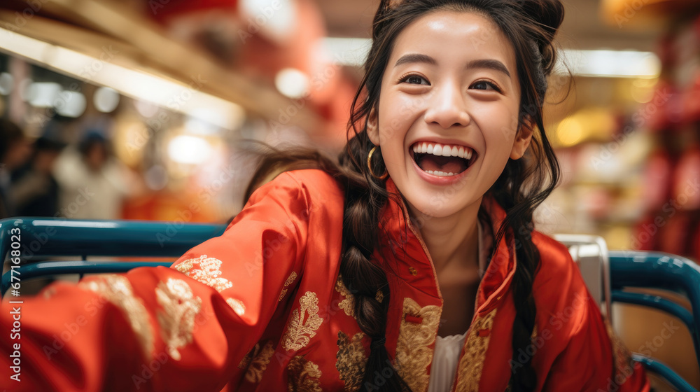 Portrait of smiling vogue Asian girl with Chinese traditional clothing, Chinese New Year supermarket background