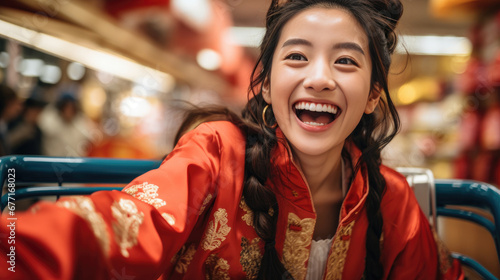 Portrait of smiling vogue Asian girl with Chinese traditional clothing, Chinese New Year supermarket background © hakule