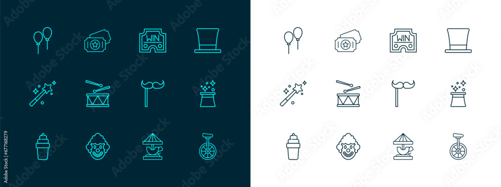 Set line Cylinder hat, Clown head, Paper mustache on stick, Attraction carousel, Drum with drum sticks, Casino win, Balloons ribbon and Circus ticket icon. Vector Set line Cylinder hat, Clown head, Paper mustache on stick, Attraction carousel, Drum with drum sticks, Casino win, Balloons ribbon and Circus ticket icon. Vector