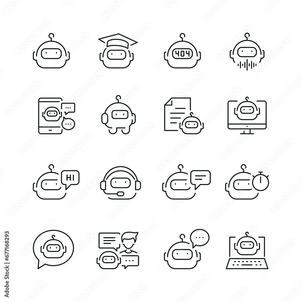 Vector line set of icons related with chatbot. Contains monochrome icons like ai, robot, bot, speech, face, chat and more. Simple outline sign.