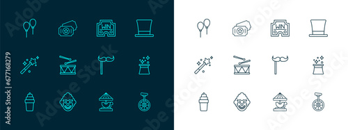 Set line Cylinder hat, Clown head, Paper mustache on stick, Attraction carousel, Drum with drum sticks, Casino win, Balloons ribbon and Circus ticket icon. Vector