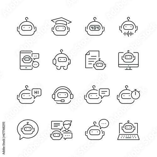 Vector line set of icons related with chatbot. Contains monochrome icons like ai, robot, bot, speech, face, chat and more. Simple outline sign.