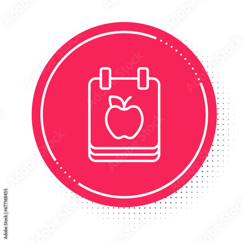 White line Diet plan icon isolated on isolated on white background. Concept of fitness marathon, proper nutrition, healthy food, beautiful body, vegetables, slimming. Red circle button. Vector