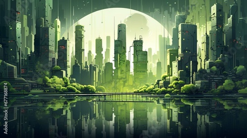 Award-winning [Illustration] of a [Cityscape] with gold accents, in the style of soft color blending, [ForestGreen] color and [Lime] color, detailed background elements