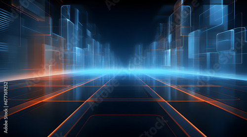 Sleek digital landscape with glowing neon grid lines. Abstract widescreen background wallpaper. 