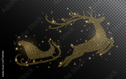 Shiny gold glitter transparent silhouette reindeer and Santa sleigh. Merry Christmas and new year light effect for holiday background, greeting card, invitation, web banner.