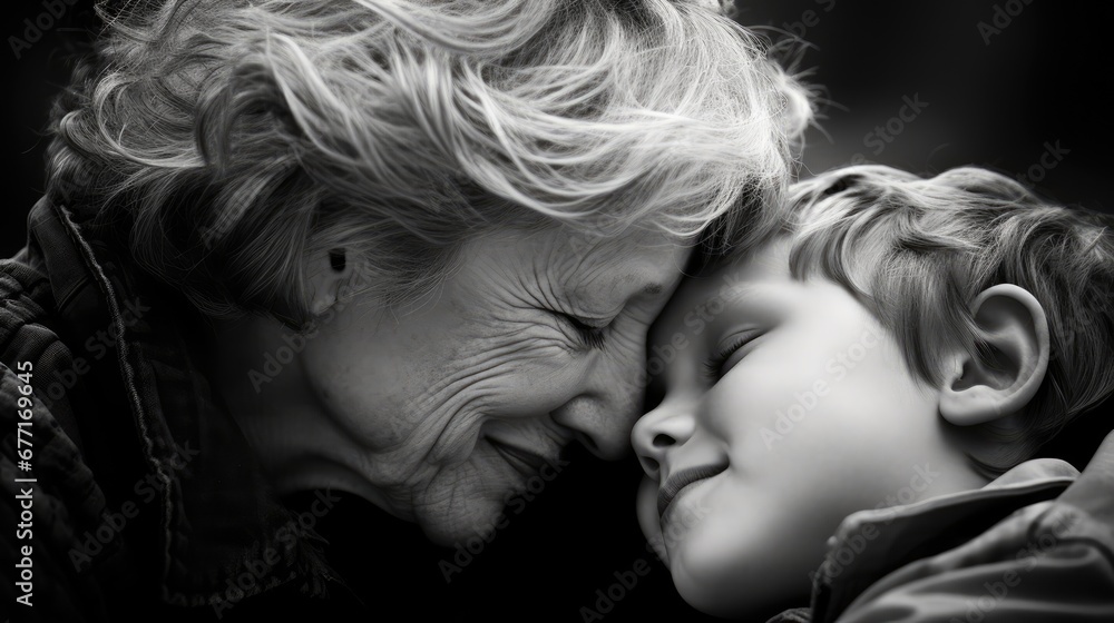 Black and white portrait of a grandmother kissing her grandchild on the cheek. Concept National Hugging Day Black and white portrait of a grandmother kissing her grandchild on the cheek. Concept National Hugging Day