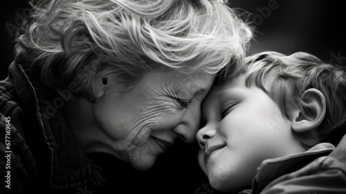 Black and white portrait of a grandmother kissing her grandchild on the cheek. Concept National Hugging Day
