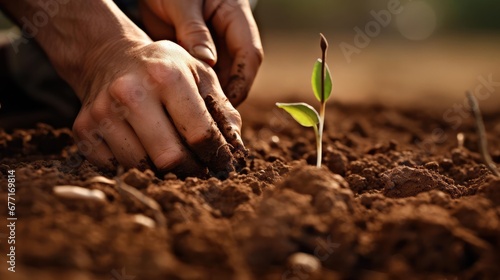 Hands of a man planting a plant in the ground