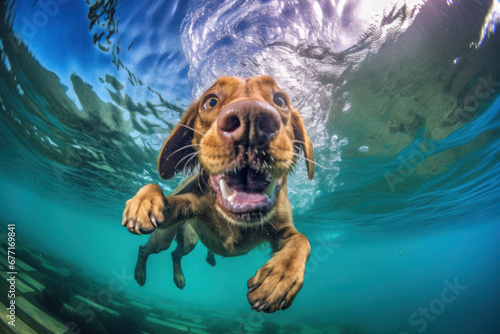 An exuberant dog dives underwater, creating a splash of bubbles, its face expressing sheer joy and playfulness in a clear blue pool.