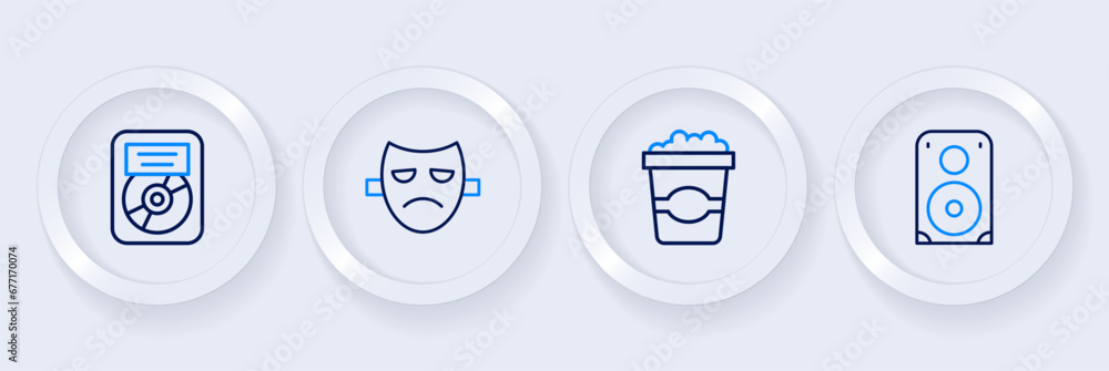 Set line Stereo speaker, Popcorn in cardboard box, Drama theatrical mask and CD disk award frame icon. Vector Set line Stereo speaker, Popcorn in cardboard box, Drama theatrical mask and CD disk award frame icon. Vector