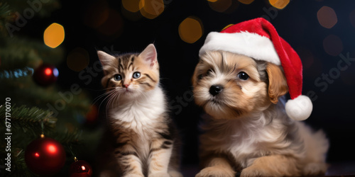 Cat and Dog in Christmas Hat sitting next to Christmas Tree with Decorations and Lights. Pets and Christmas. Cute yorkshire terrier Puppy in Santa hat and Striped Kitten on a Christmas Background