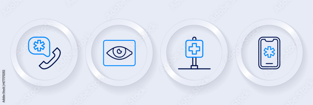 Set line Emergency call 911, Location hospital, Red eye effect and icon. Vector Set line Emergency call 911, Location hospital, Red eye effect and icon. Vector